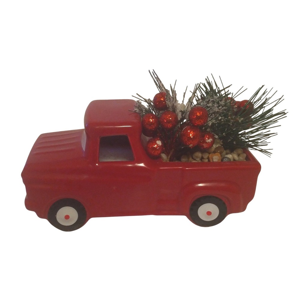 Ceramic Red Christmas Truck Figurine with Pine and Glitter Berries Decor